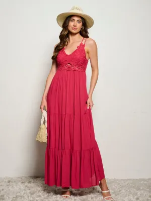 WOMEN'S SLEEVELESS V-NECK CUT OUT DETAILED OPEN BACK MAXI DRESS