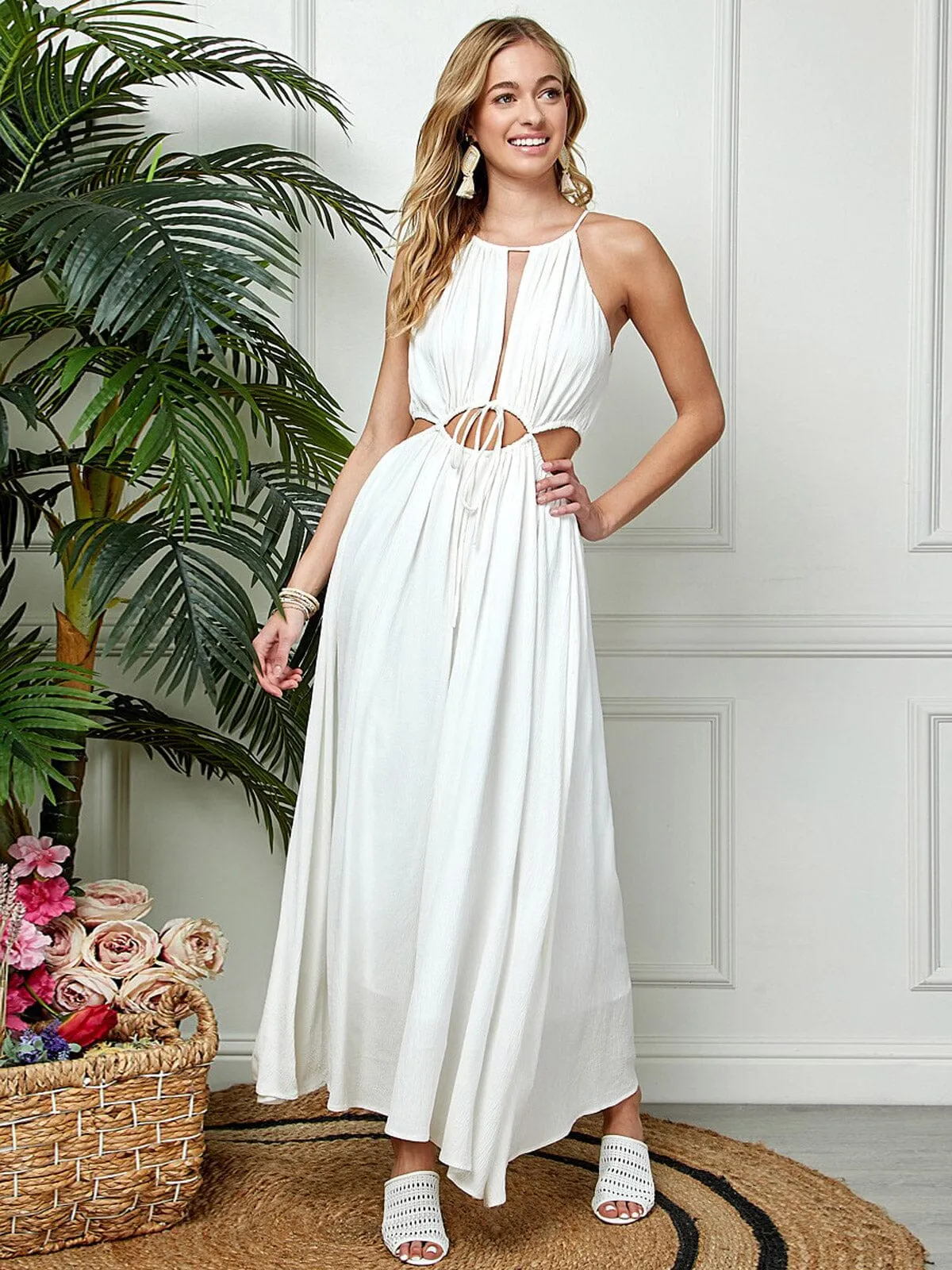 WOMEN'S SLEEVELESS V-NECK FRONT CUT OUT MAXI DRESS