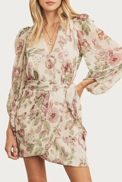 WRAP-EFFECT FLORAL-PRINT GEORGETTE MINI DRESS