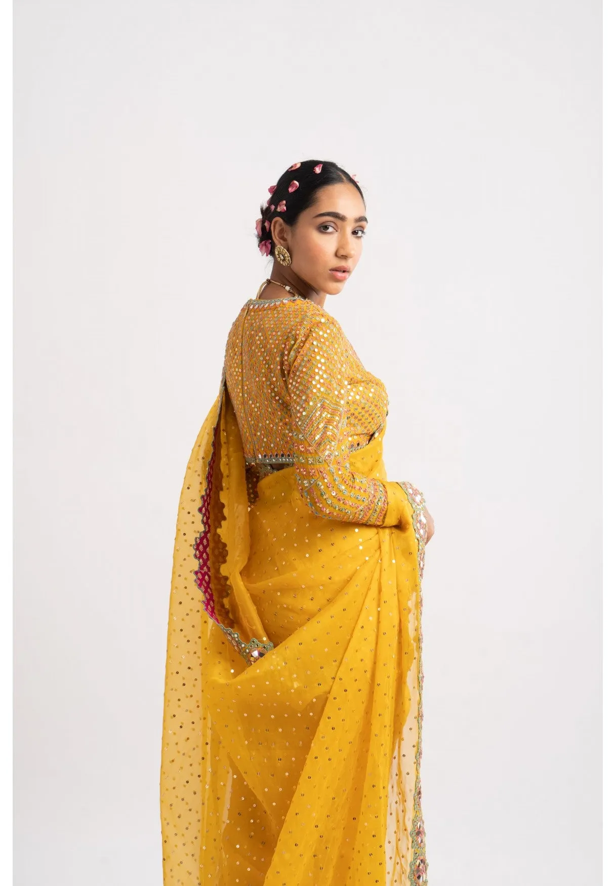 Yellow Hand Cut Mirror Border Saree Set