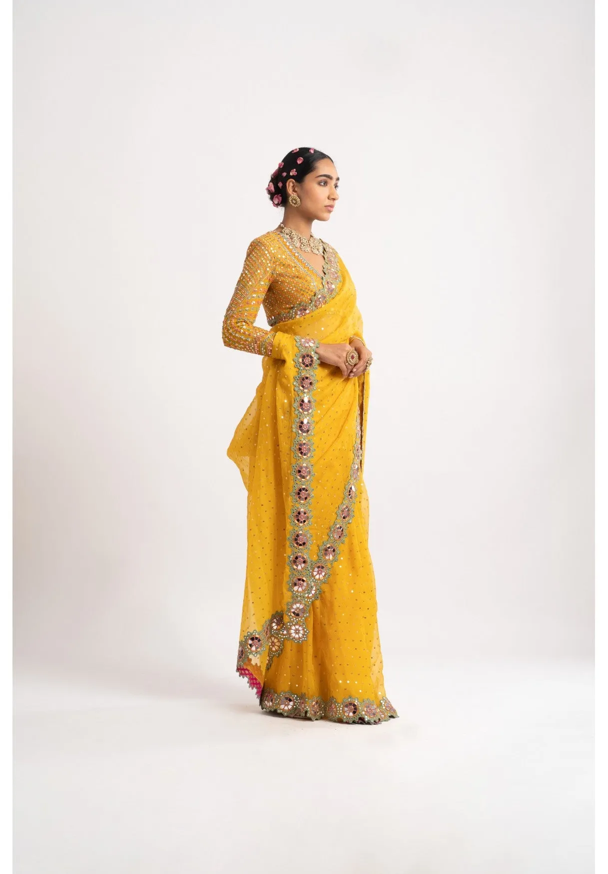 Yellow Hand Cut Mirror Border Saree Set