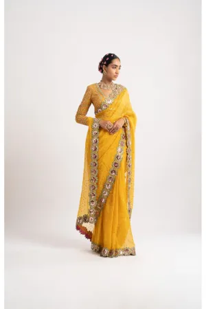 Yellow Hand Cut Mirror Border Saree Set