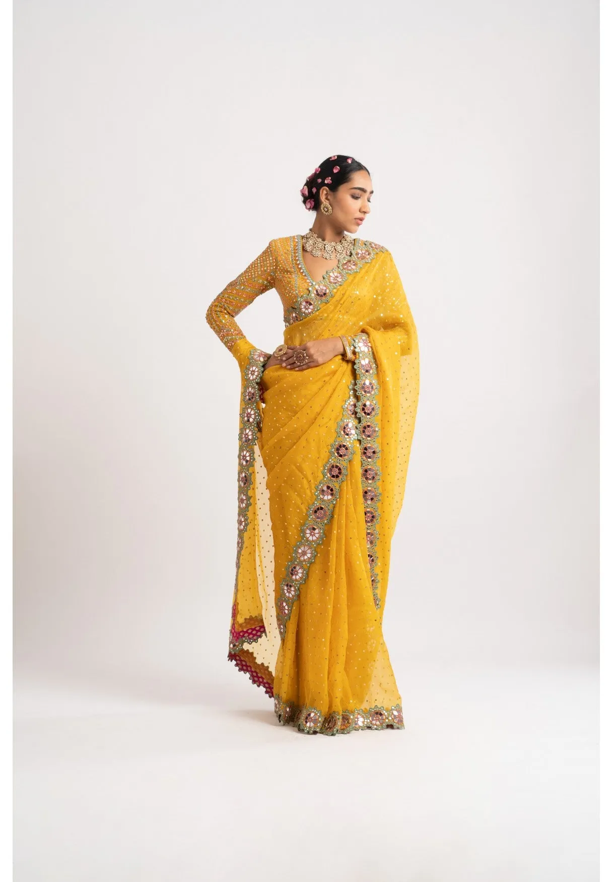 Yellow Hand Cut Mirror Border Saree Set
